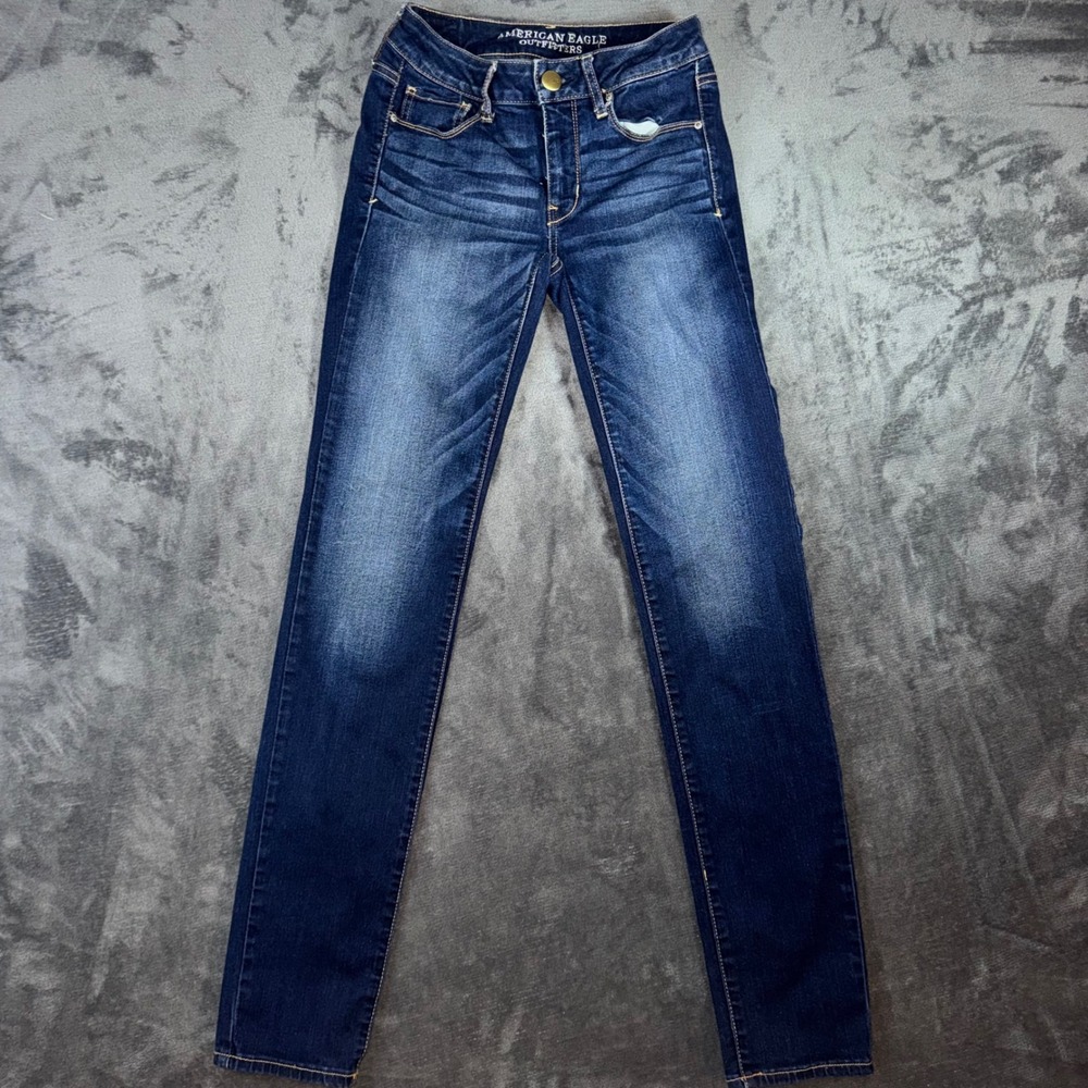 Womens 2 Long American Eagle Skinny Jeans Dark Wash Excellent Super Stretch